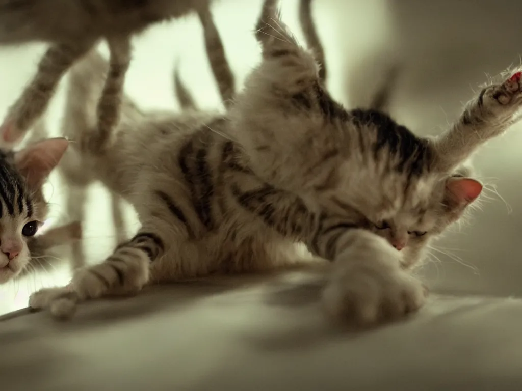 Image similar to Movie still: cat with spider legs. Cinematic shot. Action scene. Movie directed by Stephen Spielberg