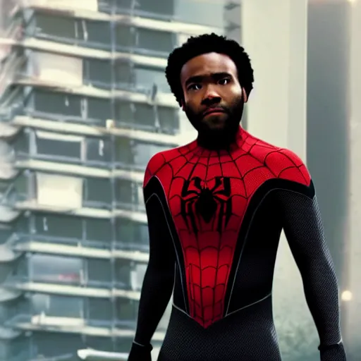 Prompt: Donald Glover as Miles Morales in black Spider-Man suit, still from Spider-Man No Way Home, detailed, 4k