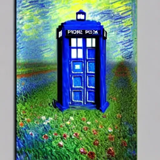 Image similar to an explosing tardis painted by monet, beautiful, highly detailed