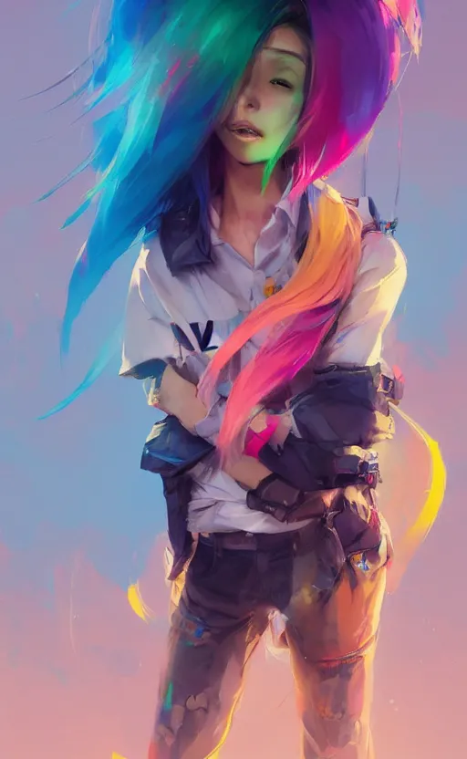 Prompt: a kawaii woman with rainbow hair smiling, kawaii shirt and jeans, In style of Yoji Shinkawa, wojtek fus, by Jordan Grimmer and greg rutkowski, concept art, highly detailed