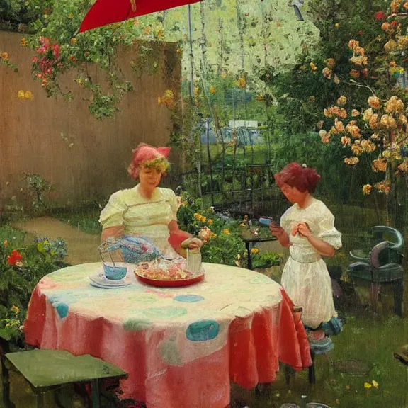 Image similar to a housewife and her daughter putting dishes on a table in the backyard, a tilted parasol sits above the table, a garden with colorful flowers in the background, rainy scene, cozy 1 9 5 0's, medium symmetry, by ilya repin, extreme detail, 8 k, intricate abstract, photorealistic