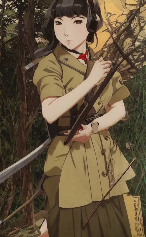 Prompt: japanese girl fighting ww2, maid uniform, anime style, long hair, hair down, symmetrical facial features, ww2 era, hyper realistic, pale skin, 4k, rule of thirds, extreme detail, detailed drawing, trending artstation, hd, war, D&D, realistic lighting, by Alphonse Mucha, Greg Rutkowski, sharp focus, backlit