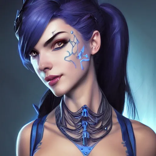 Image similar to character portrait of Widowmaker from Overwatch, blue skin, intricate, wild, highly detailed, digital painting, artstation, upper body, concept art, smooth, sharp focus, illustration, art by artgerm and greg rutkowski and alphonse mucha