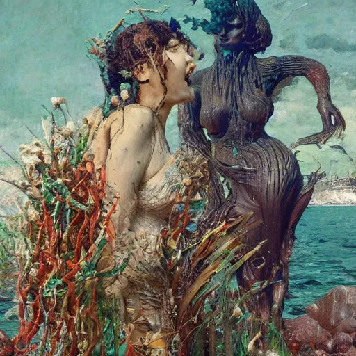 Image similar to a sculpture portrait made of seaweed and coral and shells and lilies, painting part by wojciech siudmak, part by ilya repin, part by max ernst, part by norman rockwell, artstation