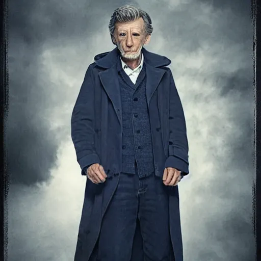 Image similar to tom holland as a rough dirty old man with a scruffy beard in a dark blue trenchcoat as the new doctor who, cinematic, volumetric lighting, f 8 aperture, cinematic eastman 5 3 8 4 film, photorealistic