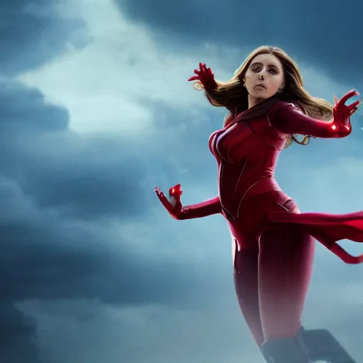 KREA - elizabeth olsen as the scarlet witch afloat in the air with red  eyes, red magic surrounds her, trending on artstation, 8 k quality,  cgsociety contest winner, artstation hd, artstation hq