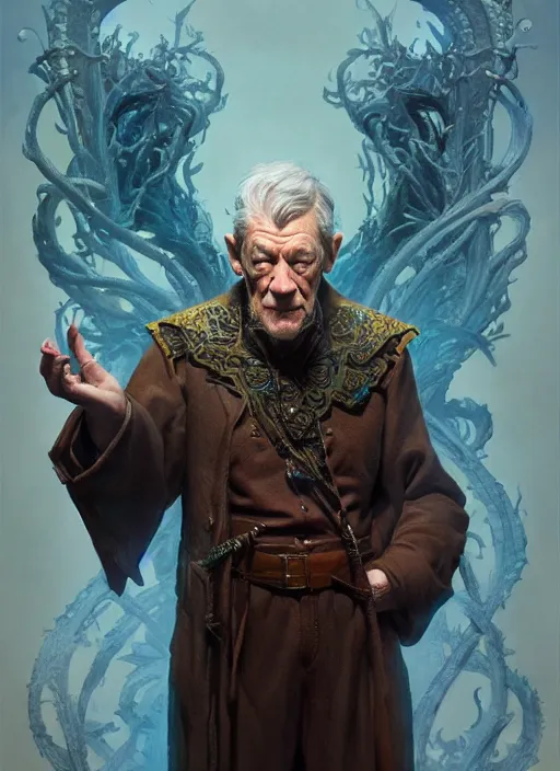 Image similar to ian mckellen as oscar diggs, intricate, d & d, wizard, fantasy, art nouveau, digital painting, trending on artstation, sharp focus, wide shot, illustration, global illumination, ray tracing, art by artgerm and greg rutkowski and ruan jia