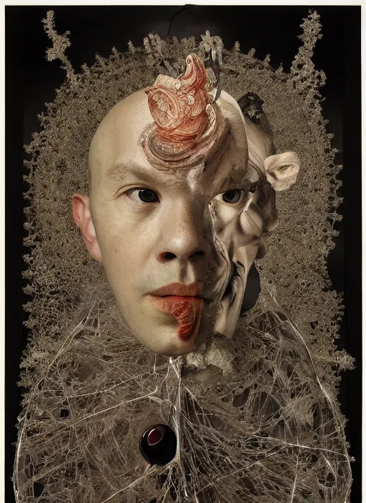 Image similar to portrait of janus bifrons, collage art, studio portrait against a black background, modern fine art, fractal, intricate, elegant, highly detailed, digital photography, subsurface scattering, by jheronimus bosch and yue minjun and greg rutkowski,