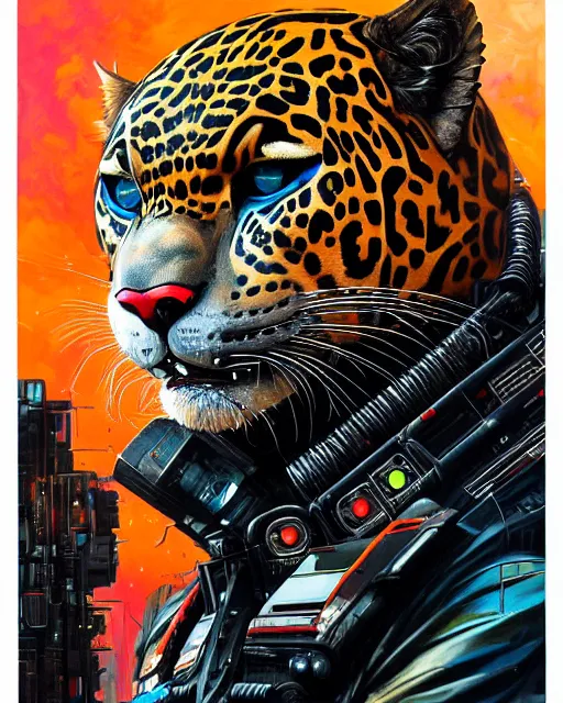 Image similar to a portrait of an anthropomorphic cyberpunk jaguar by sandra chevrier, by jon foster, detailed render, tape deck, epic composition, cybernetics, 4 k realistic, cryengine, realistic shaded lighting, sharp focus, masterpiece, by enki bilal