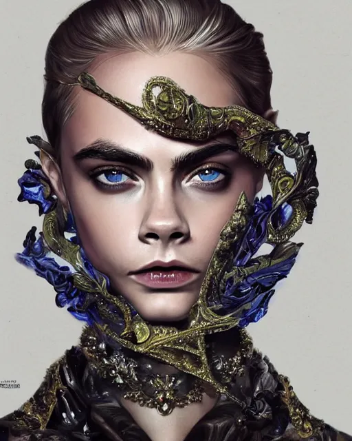 Image similar to cara delevingne wearing epic haute couture by Alexander McQueen, extremely beautiful and proportionate face, in the aesthetic of mert and marcus, masterpiece, intricate, elegant wardrobe, highly detailed, digital painting, artstation, concept art, smooth, sharp focus, illustration, art by artgerm and james jean and greg rutkowski and alphonse mucha