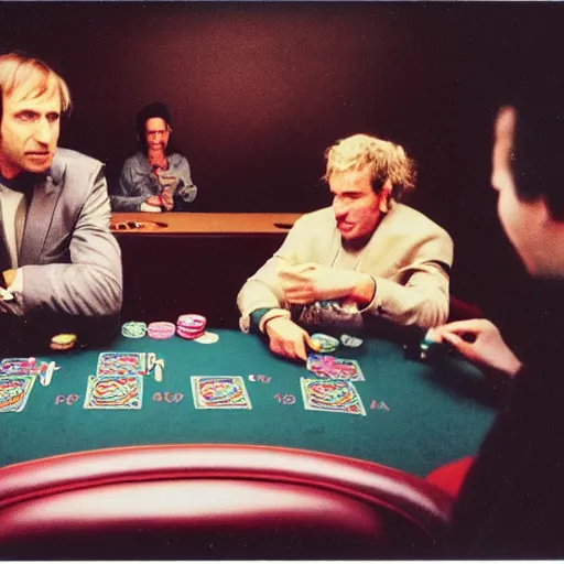 Image similar to 80s Polaroid flash photo, Saul Goodman playing poker with the taliban