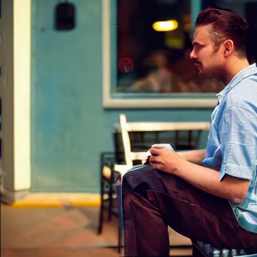 Image similar to a photo of a man sitting outside a crowded restaurant, he is staring at a computer screen, pastel background colours and square lighting structures in the background. 2 0 0 mm, bokeh, kodak ektar 1 0 0, portrait photography,