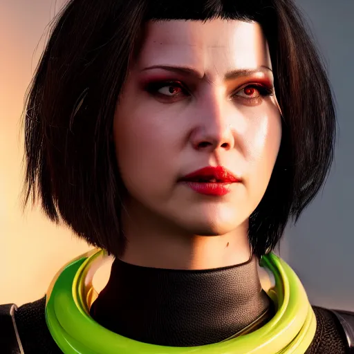 Image similar to headshot portrait of female V from cyberpunk 2077 wearing thick steel choker around neck, 4K, detailed face, collar on neck, realistic, artstation, neon,