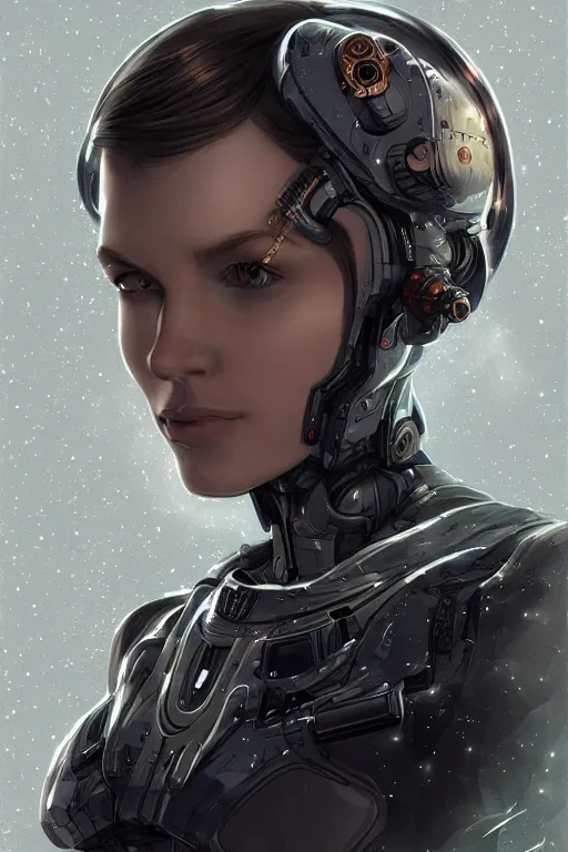 Image similar to portrait of a space cyborg, 3d, third person, lasers, cosmic background, fantasy, intricate, elegant, highly detailed, lifelike, photorealistic, digital painting, artstation, illustration, concept art, sharp focus, art by adam hughes