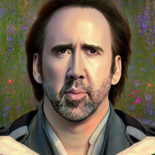 Image similar to nicolas cage is a disney princess, au naturel, hyper detailed, digital art, trending in artstation, cinematic lighting, studio quality, smooth render, unreal engine 5 rendered, octane rendered, art style by klimt and nixeu and ian sprigger and wlop and krenz cushart.