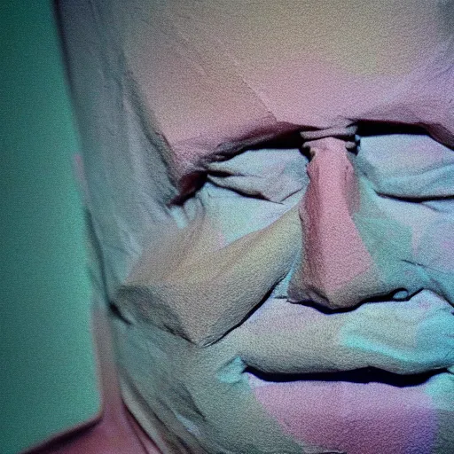 Prompt: the face of a man made from layered pastel colored paper, macro photography, ambient light