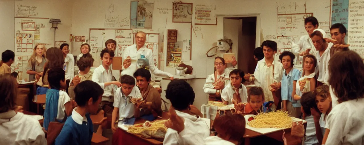 Image similar to aristotle teaching students about spaghetti!, ancient greece, golden hour, kodachrome, in the style of wes anderson, retro