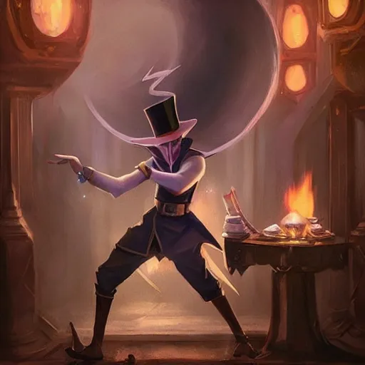 Image similar to magic elf magician wearing top hat performing a card trick, fantasy game art by greg rutkowski, fantasy rpg, league of legends
