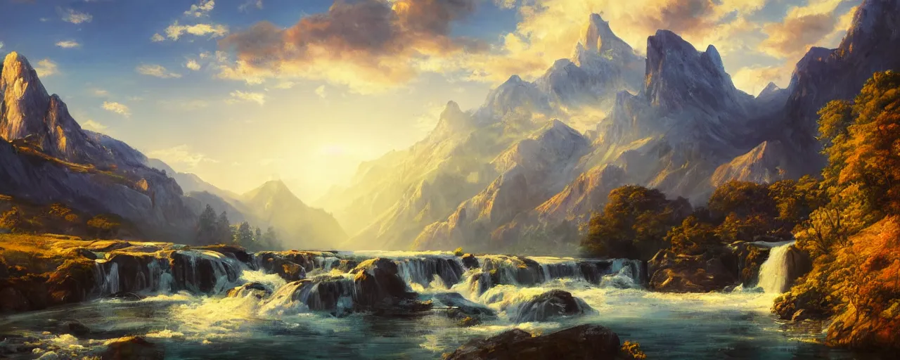 Image similar to a serene landscape with mountains and waterfall, oil painting, light brush strokes, cinematic light, sunset, intricate details, dynamic