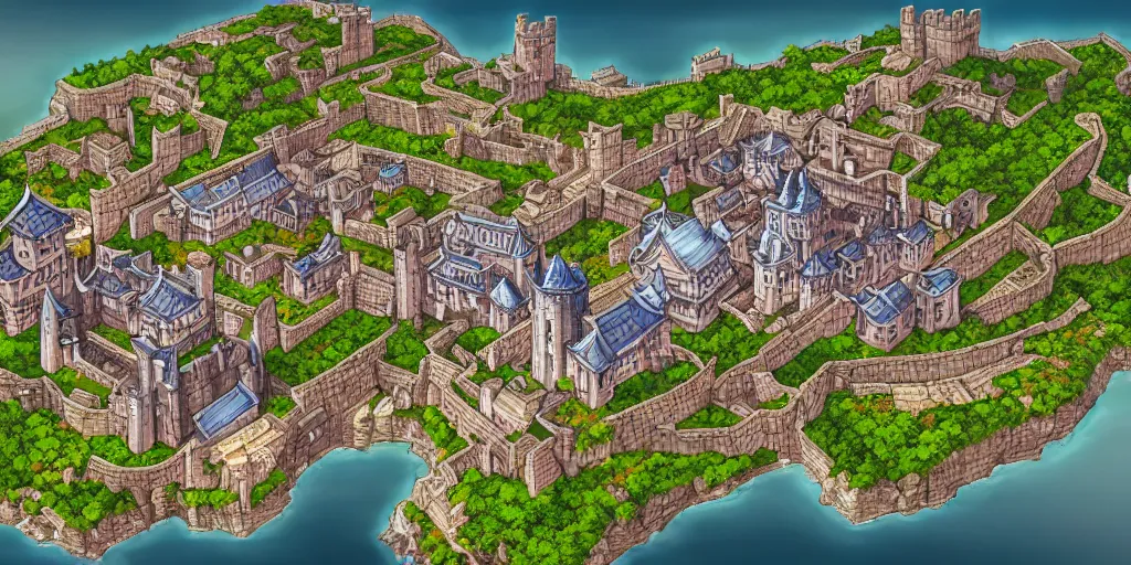 Image similar to Beautiful rectangular walled city state with castle at the top. In style of Lee Myung-jin, Korean MMORPG, manhwa, Ragnarok Online, epic, professional art, digital art, 8K, view from above.
