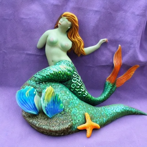 Prompt: a ceramic realistic mermaid sculpture mug, creative, beautiful, award winning design, functional, colorful