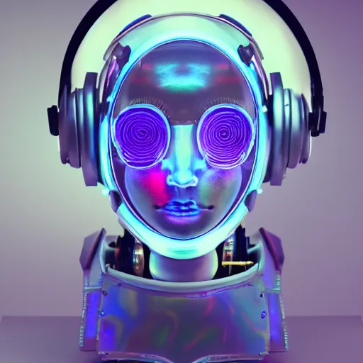 Prompt: a claymodel of an opalescent steampunk spaced out futuristic robot head wearing trippy brain sensors and headphones, 8 k, front shot, symetrical, flourescent colors, halluzinogenic, multicolored, insanely detailed, front shot, 3 d render, octane