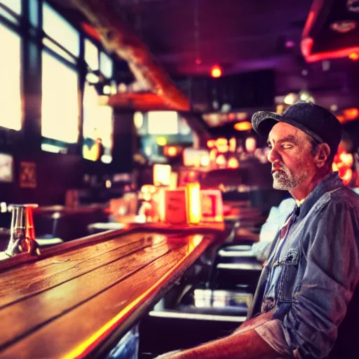 Prompt: recently divorced dad having an existential crisis at a dingy bar, wide angle shot, cinematic lighting, realistic photograph, 4 k,