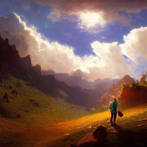 Prompt: a traveler wandering through the mountains looking at the clouds, very detailed, focused, oil painting, cinematic lighting, Albert Bierstadt, trending on Artstation