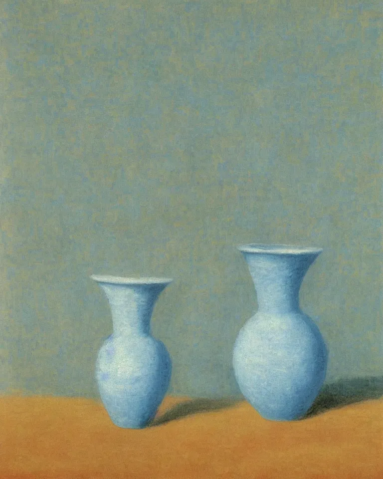 Image similar to achingly beautiful print of one painted ancient greek vase on baby blue background by rene magritte, monet, and turner. symmetrical.