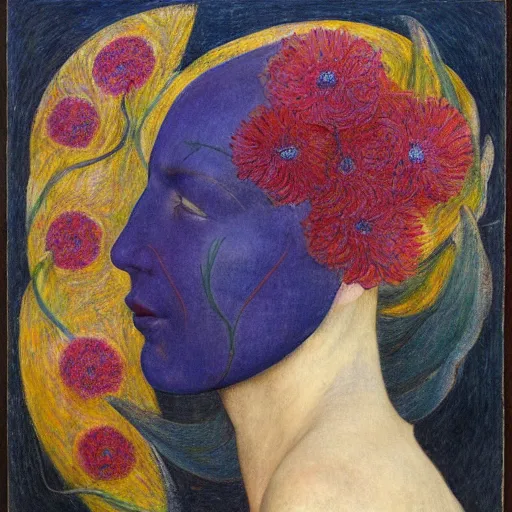 Image similar to facemask made of flowers, by annie swynnerton and jean delville and rufino tamayo and edward hopper and evelyn de morgan, art deco flower shaman, art brut, outsider art, symbolist, dramatic lighting, god rays, elaborate geometric ornament, clean crisp graphics, smooth sharp focus, extremely detailed, adolf wolfli