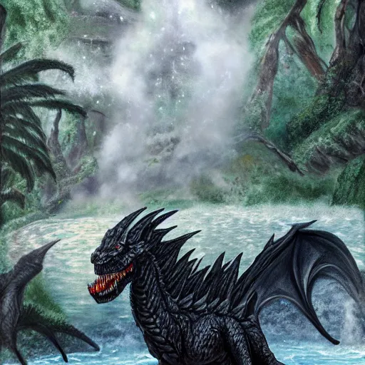 Image similar to highly detailed oil painting of a black dragon in the middle of a geothermal hotspring in the woods, featured on artstation