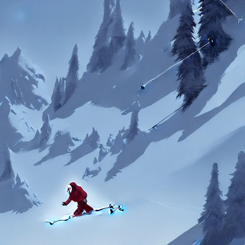 Image similar to pope skiing on a slope, digital painting, concept art, greg rutkowski, artstation, cinematic, matte painting