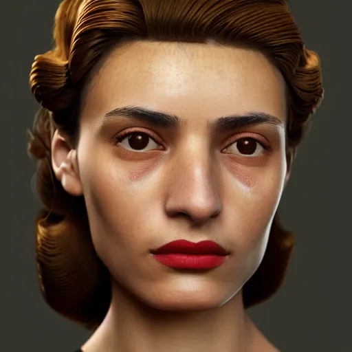 Image similar to A Hearts of Iron IV portrait of a Spanish young woman with high cheekbones. Good bone structure. Dressed in 1940s style. Highly detailed, fine Art, high detail, great lighting, 8k resolution, masterpiece, concept art, illustration, clear eyes, painting oil on canvas, octane render, HDR, trending on artstation, 4k, 8k, HD