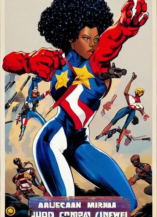 Image similar to beautiful black female captain america. afro - feminist captain america wins wwii. american wwii propaganda poster by james gurney, rob liefeld and pixar. gorgeous face. overwatch, realistic. black power