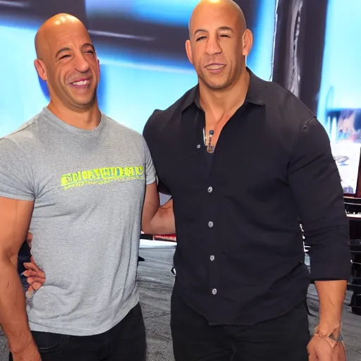 Image similar to a high quality photograph of vin diesel meeting Mark Sinclair