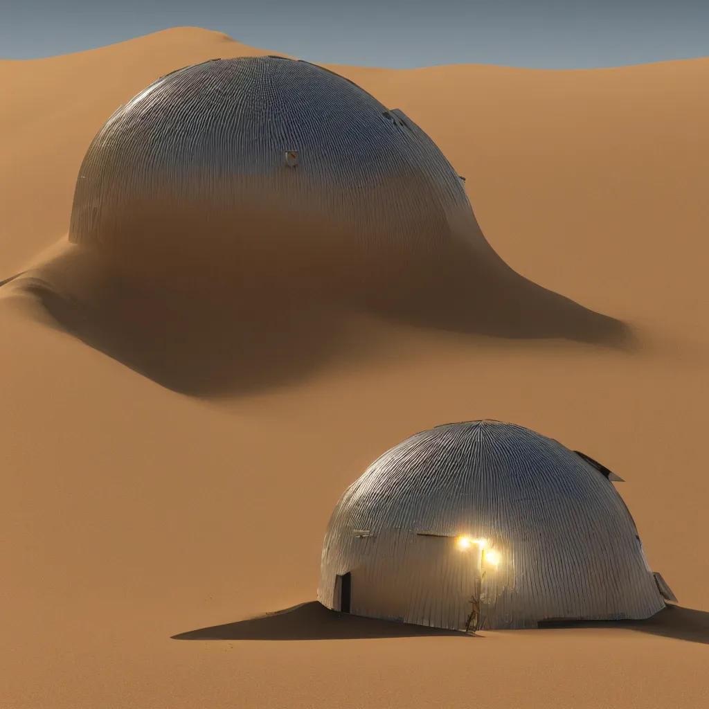 Image similar to a beautiful chrome metal detailed intricate hut in the namibia sand dunes. bright high contrast cinematic lighting highly detailed resolution octane render 8 k