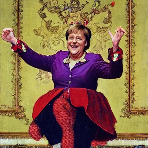 Image similar to angela merkel wearing a jester outfit, dancing for vladimir putin, artist norman rockwell,