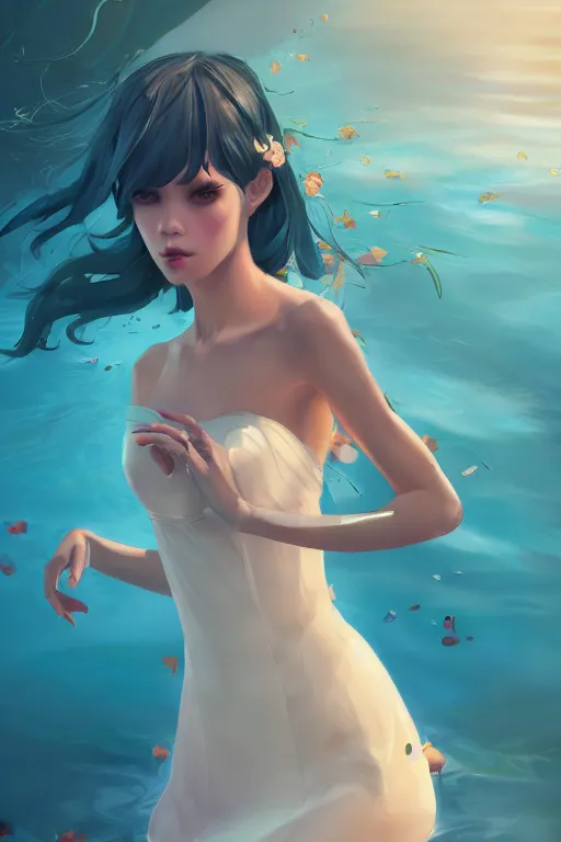 Image similar to a beautiful fashion goddness of love, chic strapless dress, tropical sea background, character design, in the style of artgerm, and wlop, cinematic lighting, hyperdetailed, 8 k realistic, symmetrical, global illumination, radiant light, frostbite 3 engine, cryengine, dof, trending on artstation, digital art