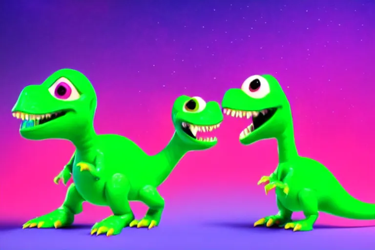 Image similar to pixar designed cute, smiling chibi style baby dinosaurs made entirely out of glowing electrified hypercolor plasma, having fun inside a psychedelic realm made entirely out of love and acceptance and hypercolors. astral beings sharing love. renderman, ray tracing, symmetrical faces, 3 d models