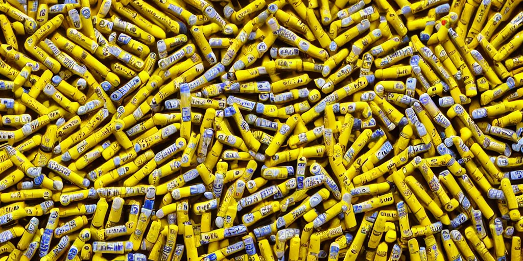 Prompt: realistic photograph 1 0 0 0 0's of yellow - coloured chapstick tubes in scattered in giant piles, high detail, shaded, backlit, glossy, ultrawide angle