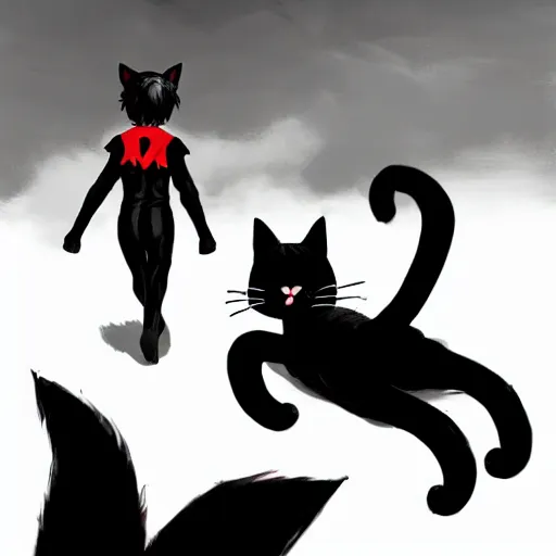 Prompt: little boy with cat ears in an black latex suit with red cape. digital artwork made by lois van baarle and kentaro miura, sharpness focus, inspired by hirohiko araki, anatomically correct, heroic composition, hero pose