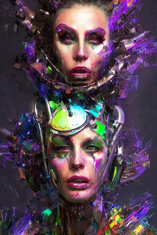 Prompt: portrait, headshot, digital painting, an delightfully mad, wholesome techno - shaman lady, metallic makeup, synthwave, glitch, fracture, realistic, hyperdetailed, chiaroscuro, concept art, painterly, art by john berkey