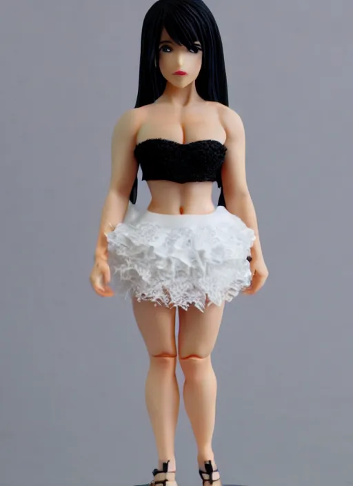 Prompt: Product Introduction Photos, 4K, Full body, 80mm resin detailed miniature of a very muscular lady in White and lacy ruffled mini-skirt, dark skin, black hair, standing, looking left