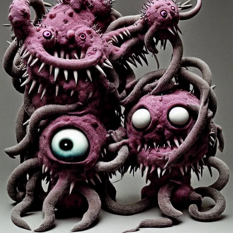 Image similar to photo of cute plush fluffy chibi monster with spikes, tentacles, and many eyes. made by giger, wayne barlowe, dariusz zawadzki, zdzislaw beksinski