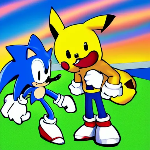 Prompt: sonic the hedgehog and pikachu on a date, digital art