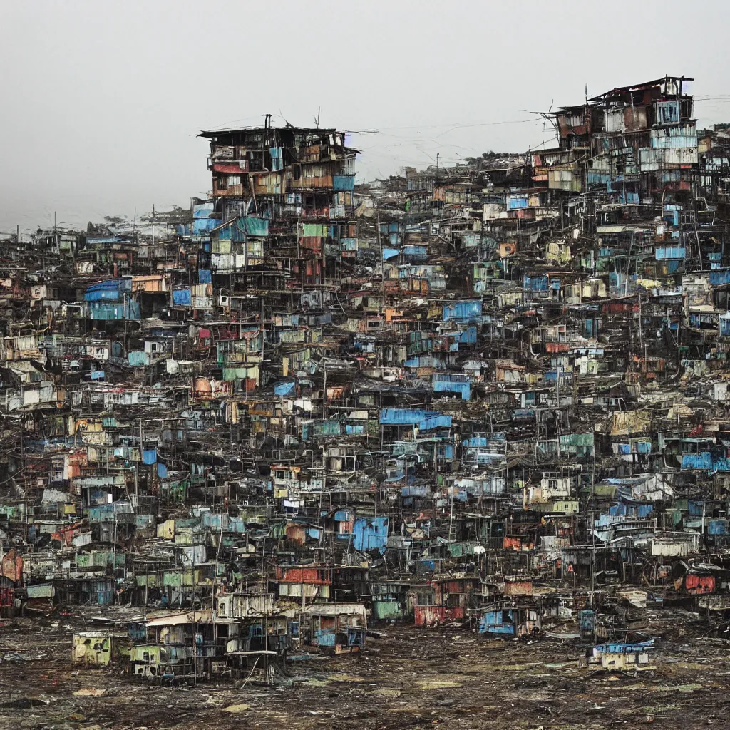 Prompt: towers, made up of makeshift squatter shacks with faded colours in philippines, on the coast, moody cloudy sky, uneven fog, dystopia, mamiya, f 1 1, fully frontal view, very detailed, photographed by jeanette hagglund