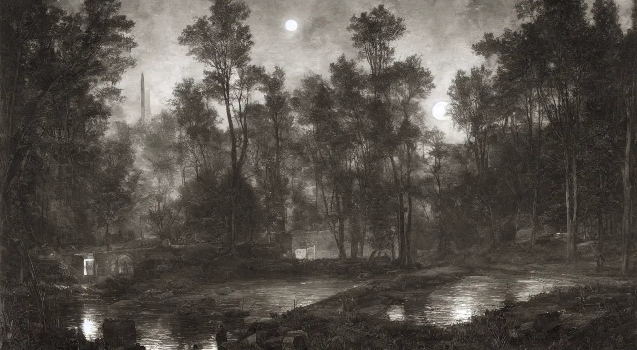 Image similar to nighttime, dark, lit by the moon, woodland, steam emerging from culvert under path and flowing into pond, to the right a large dark, cylindrical stone tower building, vladimir motsar and tyler edlin and john william waterhouse and morgan weistling
