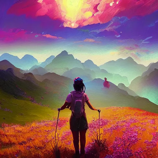 Prompt: giant daisy flower head, girl hiking in the mountains, surreal photography, sunrise, dramatic light, impressionist painting, colorful clouds, digital painting, artstation, simon stalenhag