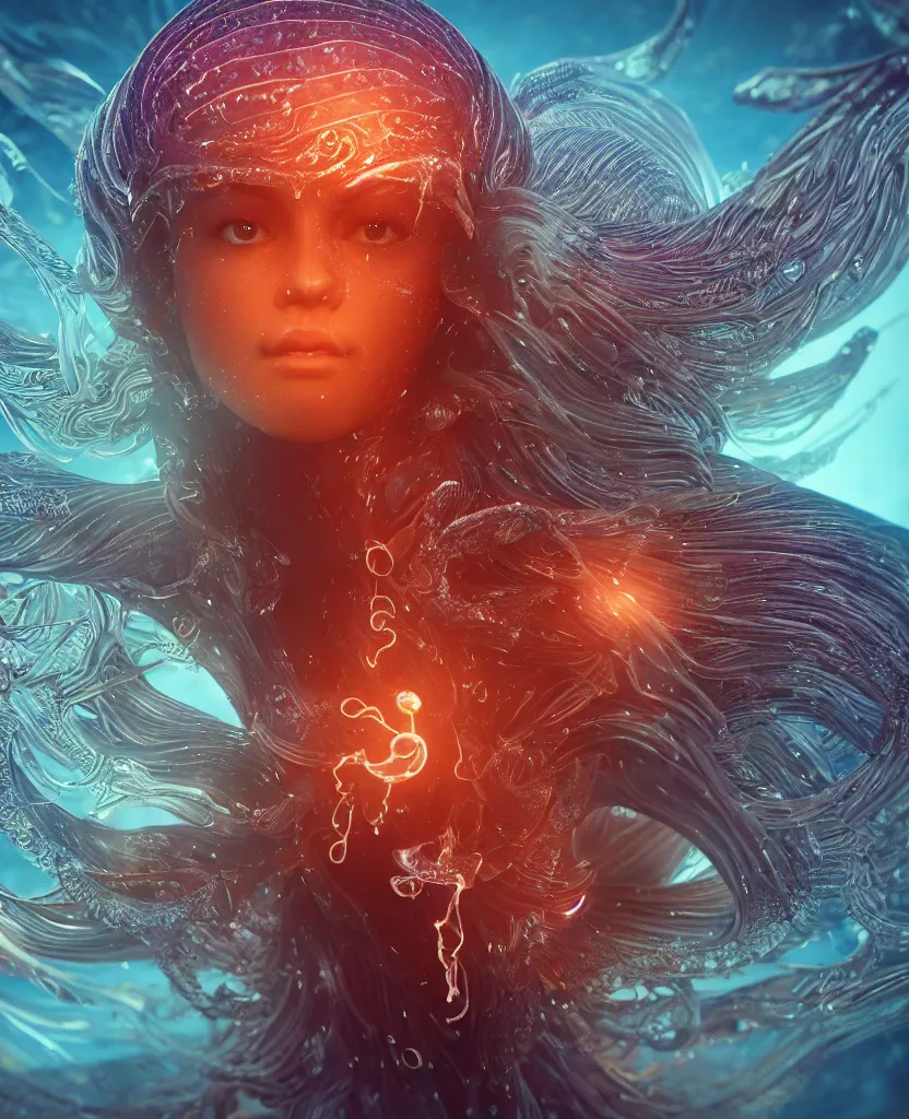 Image similar to close-up macro portrait of the face of a beautiful princess, epic angle and pose, symmetrical artwork, 3d with depth of field, blurred background, cybernetic jellyfish female face skull phoenix bird, translucent, nautilus, energy flows of water and fire. a highly detailed epic cinematic concept art CG render. made in Maya, Blender and Photoshop, octane render, excellent composition, cinematic dystopian brutalist atmosphere, dynamic dramatic cinematic lighting, aesthetic, very inspirational, arthouse. y Greg Rutkowski, Ilya Kuvshinov, WLOP, Stanley Artgerm Lau, Ruan Jia and Fenghua Zhong