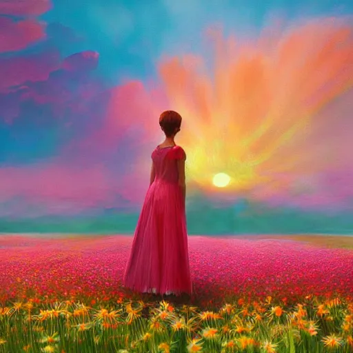 Prompt: giant daisy flower on body, full body girl standing in a flower field, surreal photography, sunrise, dramatic light, impressionist painting, colorful clouds, digital painting, artstation, simon stalenhag